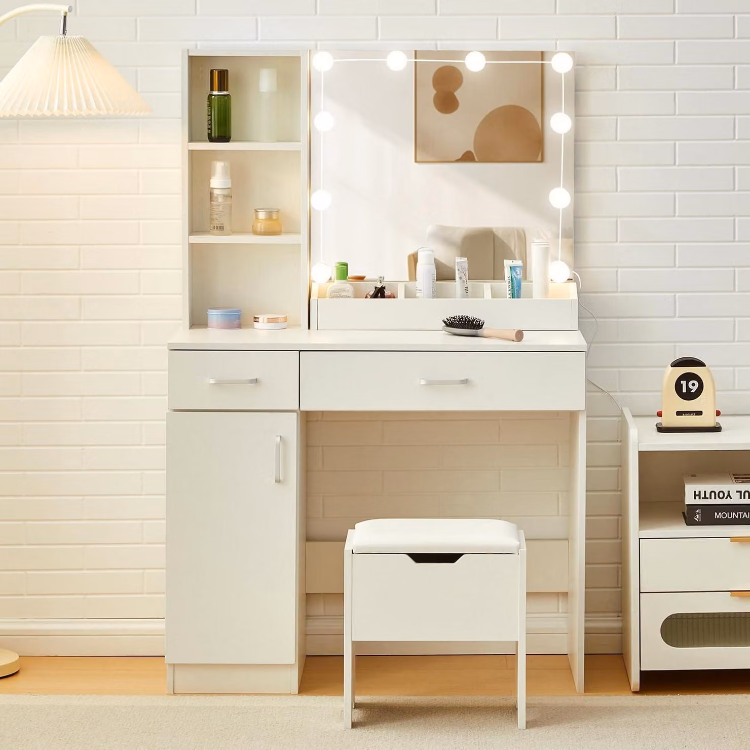 Comò da trucco con illuminazione a LED e specchio, 2 cassetti, 6 scomparti aperti, bianco