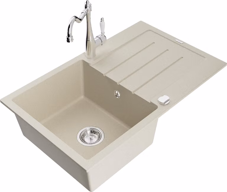 Mexen Bruno lavello in granito 1-vasca con scolapiatti e rubinetto da cucina Carla, beige - 6513-69-670700-00