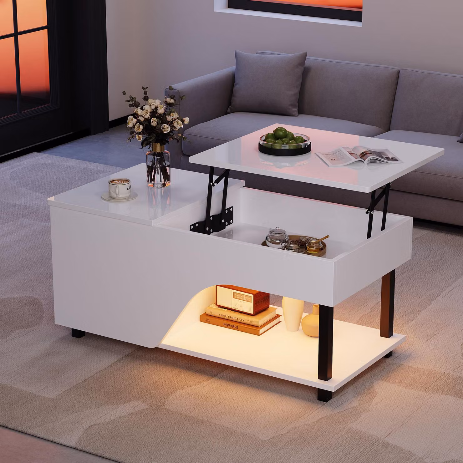 Tavolino Merax regolabile in altezza con LED, tavolino da salotto lucido con vano portaoggetti nascosto, tavolino con piano sollevabile e ripiani, bianco