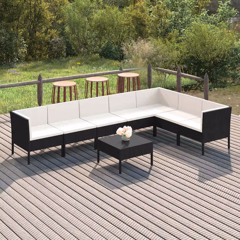 vidaXL Set Divani da Giardino 8 pz a Forma di L con Cuscini, Polyrattan e Struttura in Acciaio Nero e Bianco