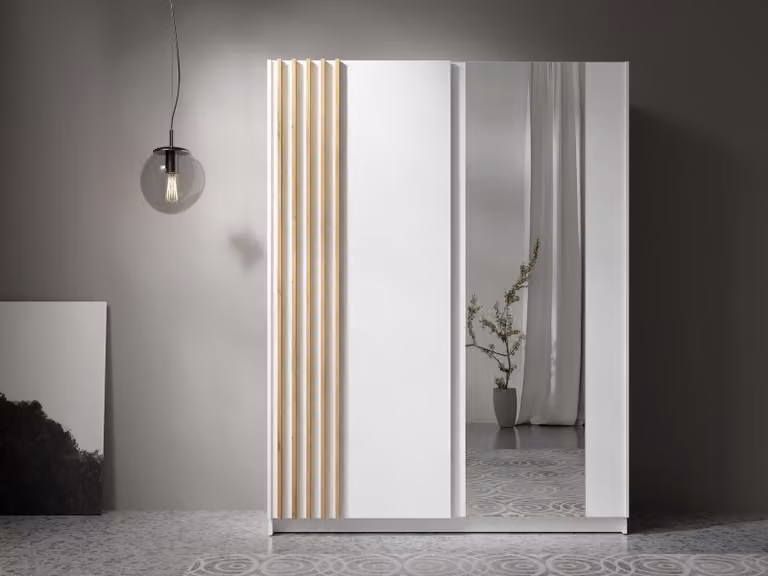 AX LIVING Armadio bianco con specchio da 150 cm – Beralto con ante a lamelle