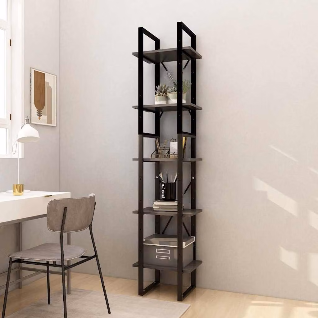 Libreria Industrial vidaXL in Legno di Pino e Metallo, Grigia e Nera, L 40 cm x P 30 cm x H 175 cm