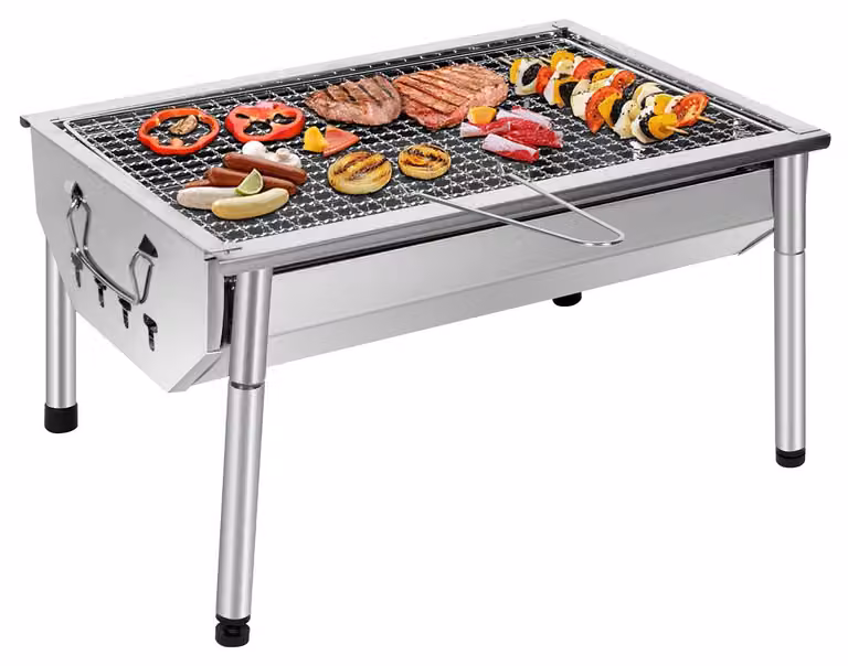 Barbecue portatile - Griglia a carbonella - Acciaio inox - 40 x 28 x 21,5 cm - Pieghevole - Griglia removibile