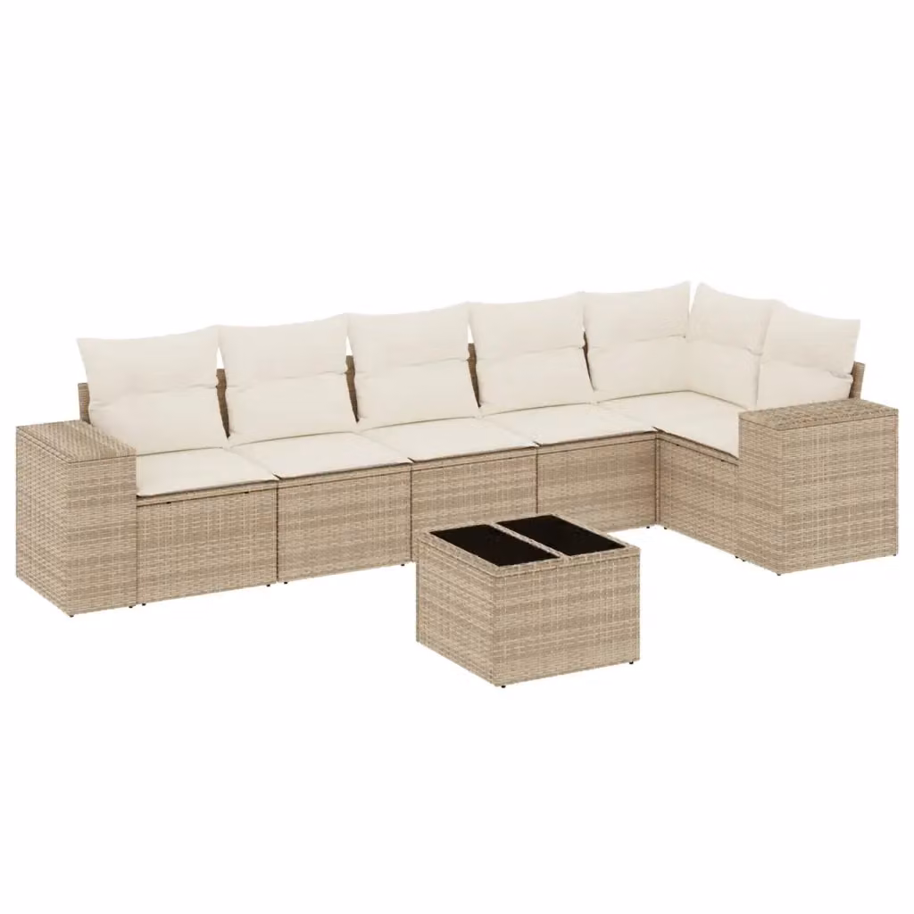 Set Divani da Giardino 7 pz vidaXL con Cuscini Beige e Tavolino, Design Moderno a L in Polyrattan e Acciaio – 2