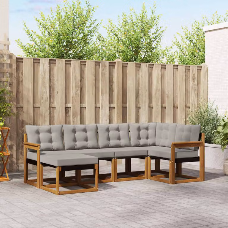 Set di divani da esterno vidaXL a forma di L composto da 6 pezzi in legno di acacia con cuscini in tessuto grigio e marrone