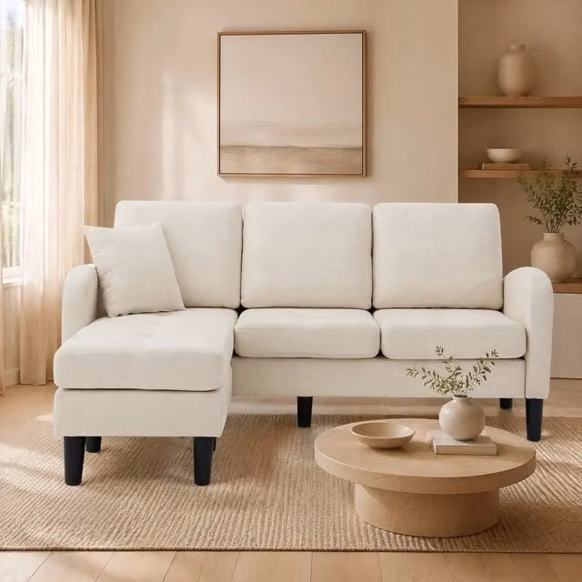 Divano angolare L 166x118x77 cm in tessuto beige chiaro, modulare, per spazi piccoli –
