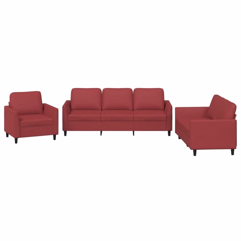 set di divani a 3 pezzi con cuscini in Pelle finta rosso vino