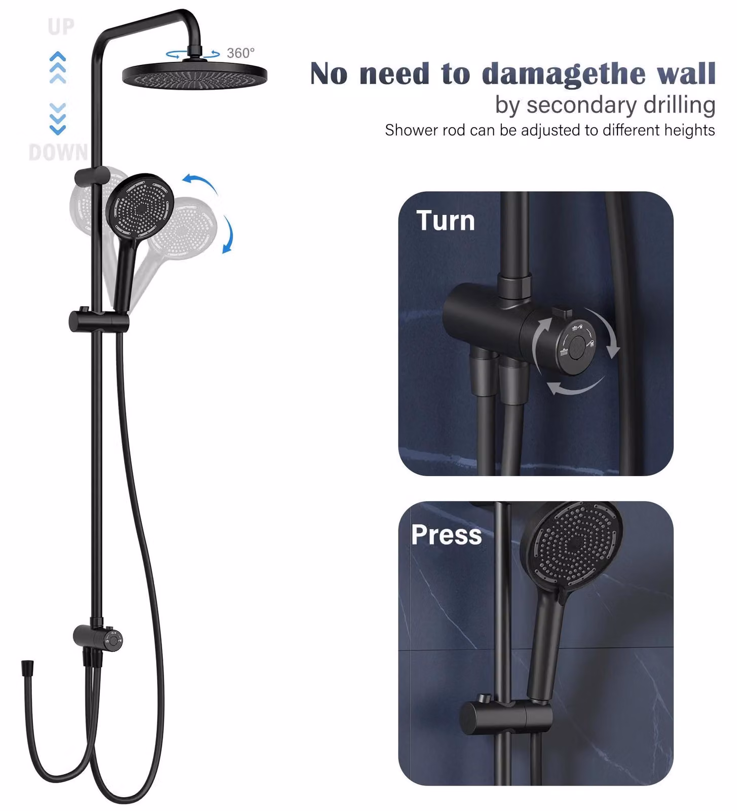 Sistema moderno per doccia - Colonna doccia - Montaggio a parete - Altezza regolabile - Grande soffione rotondo in plastica - Acciaio inossidabile - Senza miscelatore - Nero