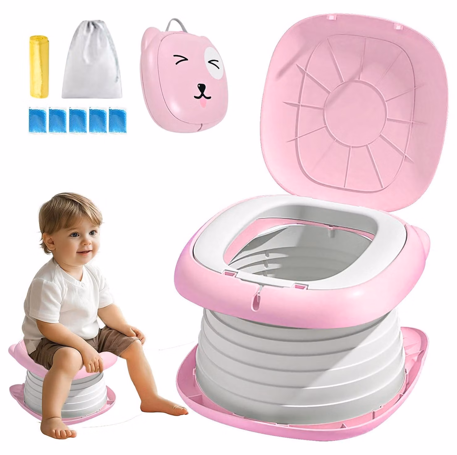 Omgoods - Sgabello da bagno pieghevole per bambini - Ideale per i viaggi, con sacchetti di ricambio inclusi