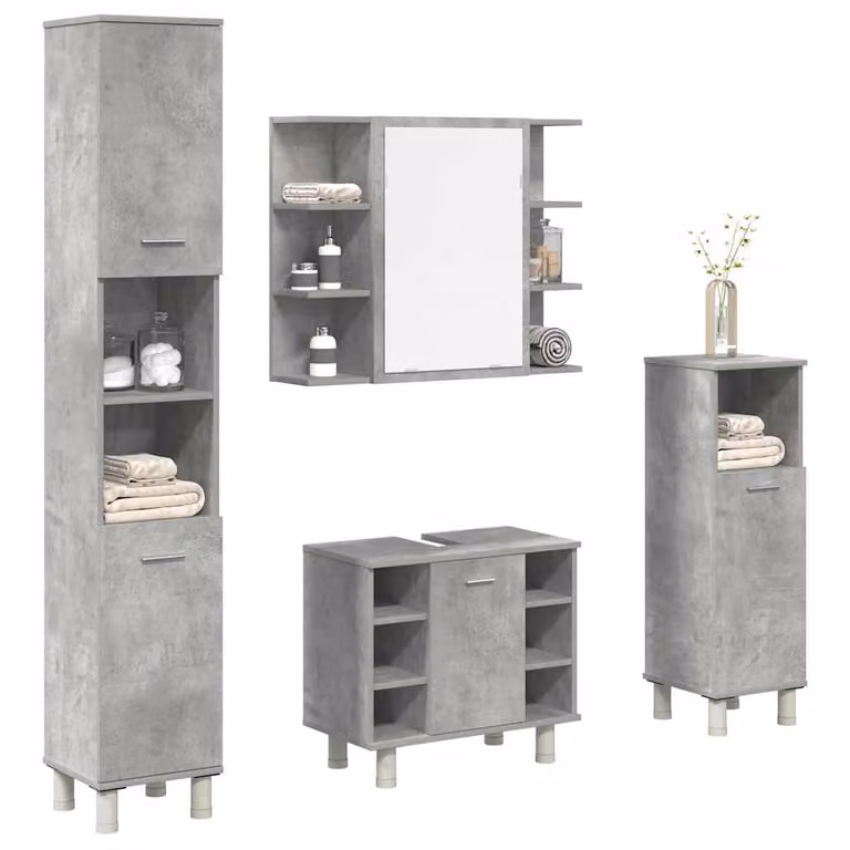 Set di mobili da bagno vidaXL 4 pezzi in legno e vetro, colore grigio, stile moderno con armadietto specchio, mobile lavabo, mobile laterale e colonna alta