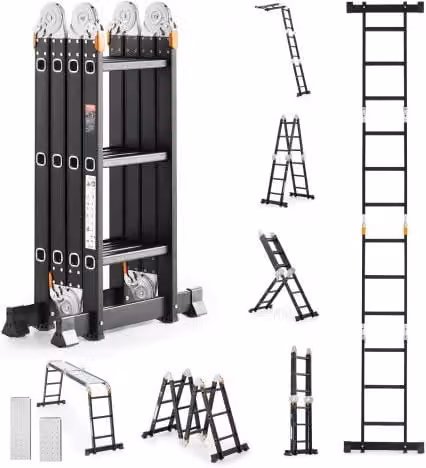 VEVOR Scala Pieghevole Multiuso Nera, Scala a Pioli Estensibile con 3 Gradini e Struttura a A, Altezza: 3,7 m, Capacità: 149,7 kg