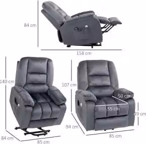 Poltrona elettrica reclinabile con massaggio e calore REDOM grigia con supporto per il sollevamento e struttura in metallo L/P/H: 85 x 94 x 107 cm