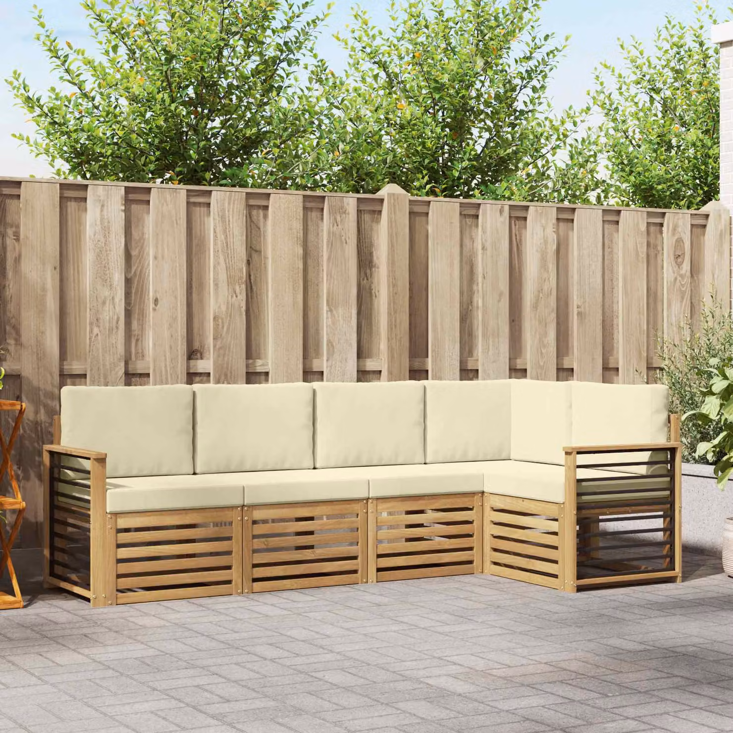 Set di divani da giardino vidaXL a forma di L in legno di acacia massello con cuscini inclusi, disponibile nei colori marrone, bianco o beige