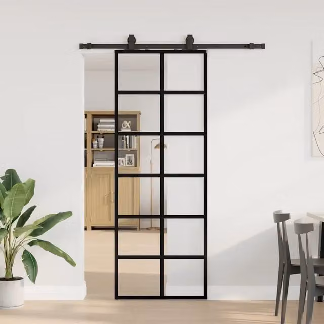 Porta Scorrevole Moderna vidaXL in Vetro Trasparente e Alluminio con Ferramenta Nera L: 76 cm, H: 205 cm