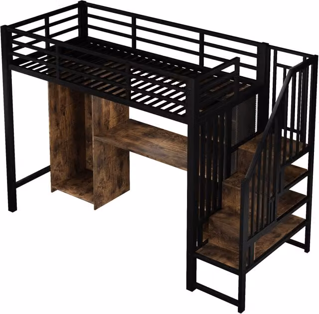 Letto a soppalco 90x200 cm con struttura in ferro, armadio integrato, scrivania e scale contenitive, colore nero, senza materasso