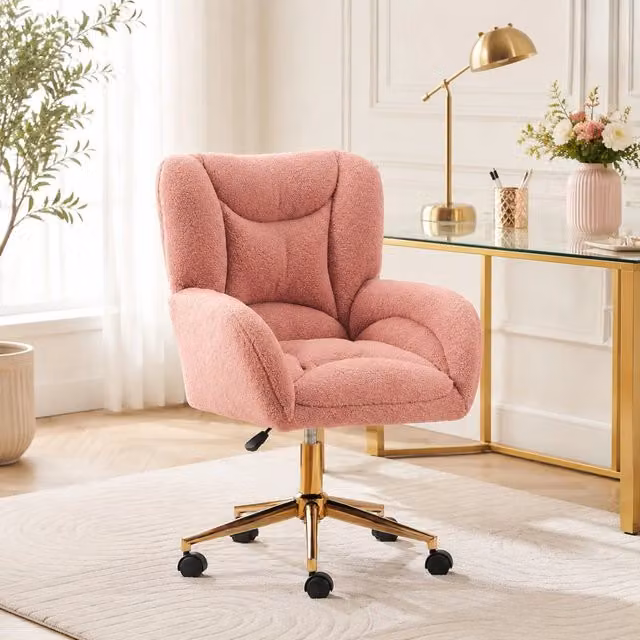 Sedia da ufficio girevole in tessuto bouclé rosa con base dorata e ruote L: 64 cm, P: 62 cm, H: 92,5 cm