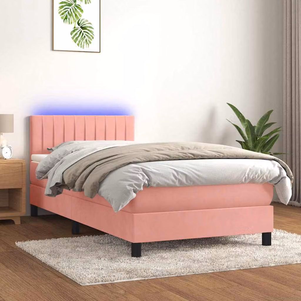 Letto Ibrido vidaXL in Velluto Rosa con Materasso, Illuminazione LED e Porta USB, L/P: 90 x 200 cm – 1