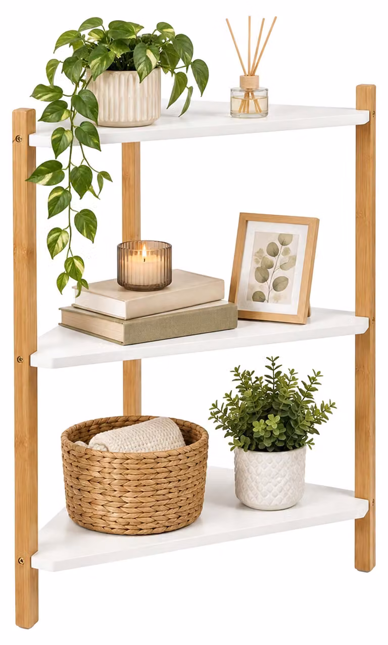 Relaxdays, scaffale angolare, dimensioni: 60 x 46 x 25 cm, 3 ripiani, scaffale autoportante per soggiorno o bagno, materiale: MDF e bambù, colore: bianco/naturale