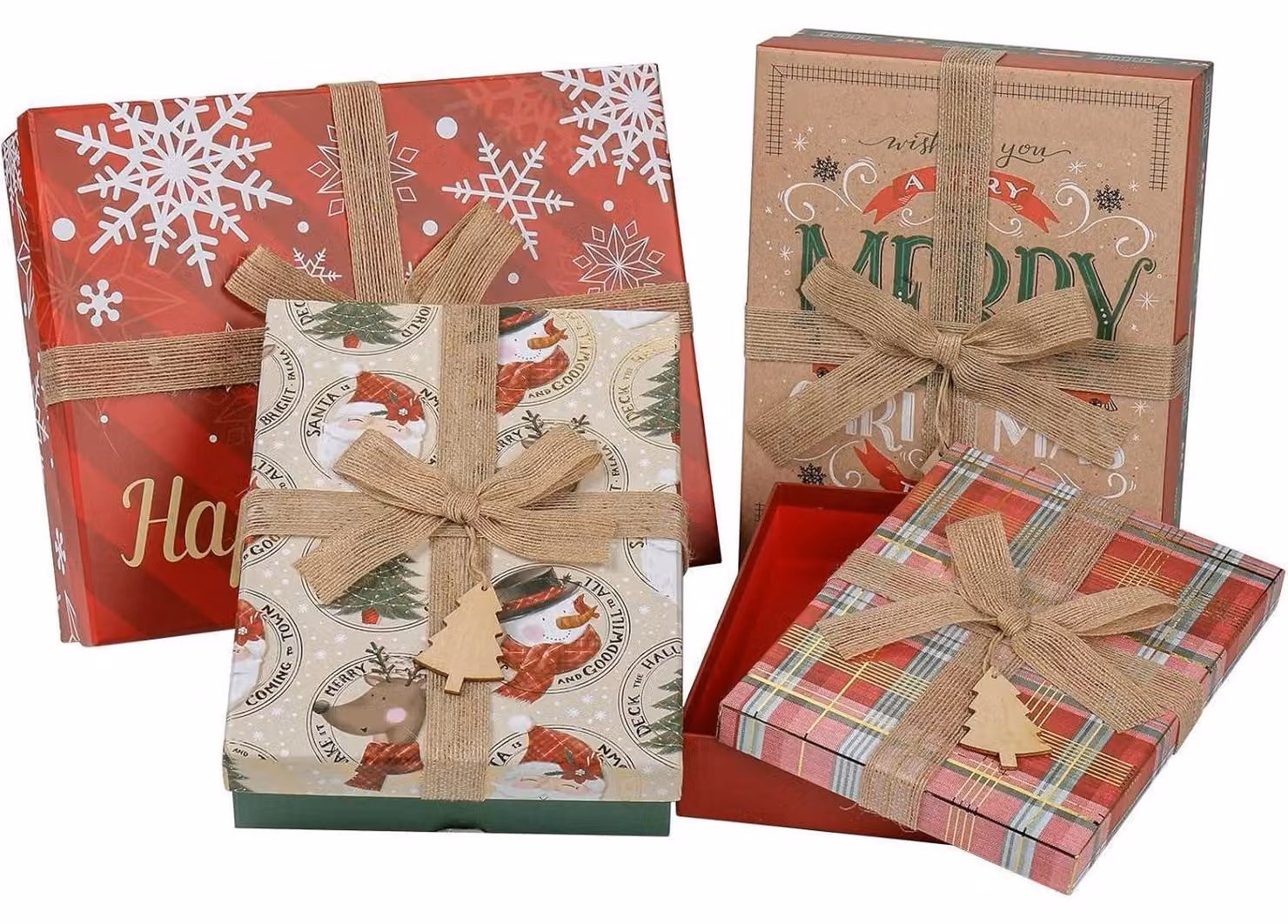 Confezioni regalo natalizie, rettangolari con coperchio e fiocco, set da 4, multicolore