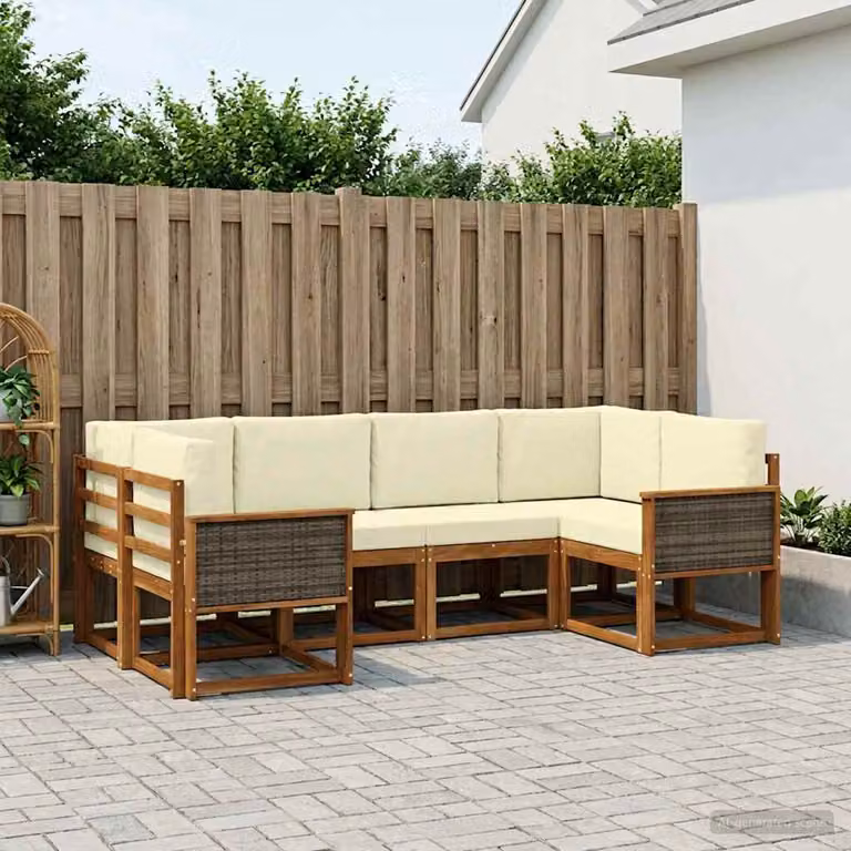 Set di divani da esterno vidaXL a forma di L composto da 6 pezzi in legno di acacia con cuscini, colore marrone e beige