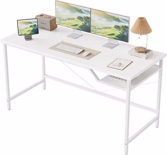 Scrivania ergonomica Unyqoos® 120x60 cm – Bianca, altezza di lavoro 74 cm, struttura in acciaio a forma di V, piano in pannello di particelle , ripiano, ideale per ufficio e studio