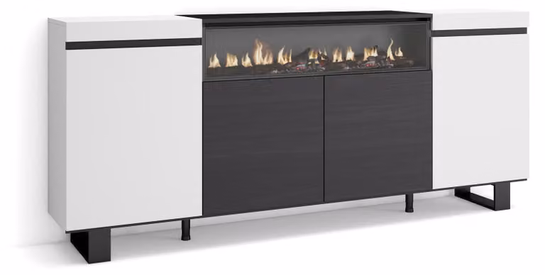 Mobile contenitore 200x87x35 cm con 4 ante e camino a LED, design industriale