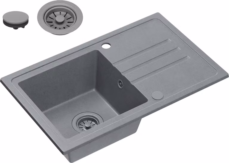VBChome Lavello in granito grigio 70 x 44 cm Lavello singolo da incasso Maculato Reversibile Lavello in granito grigio Sifone Lavandino