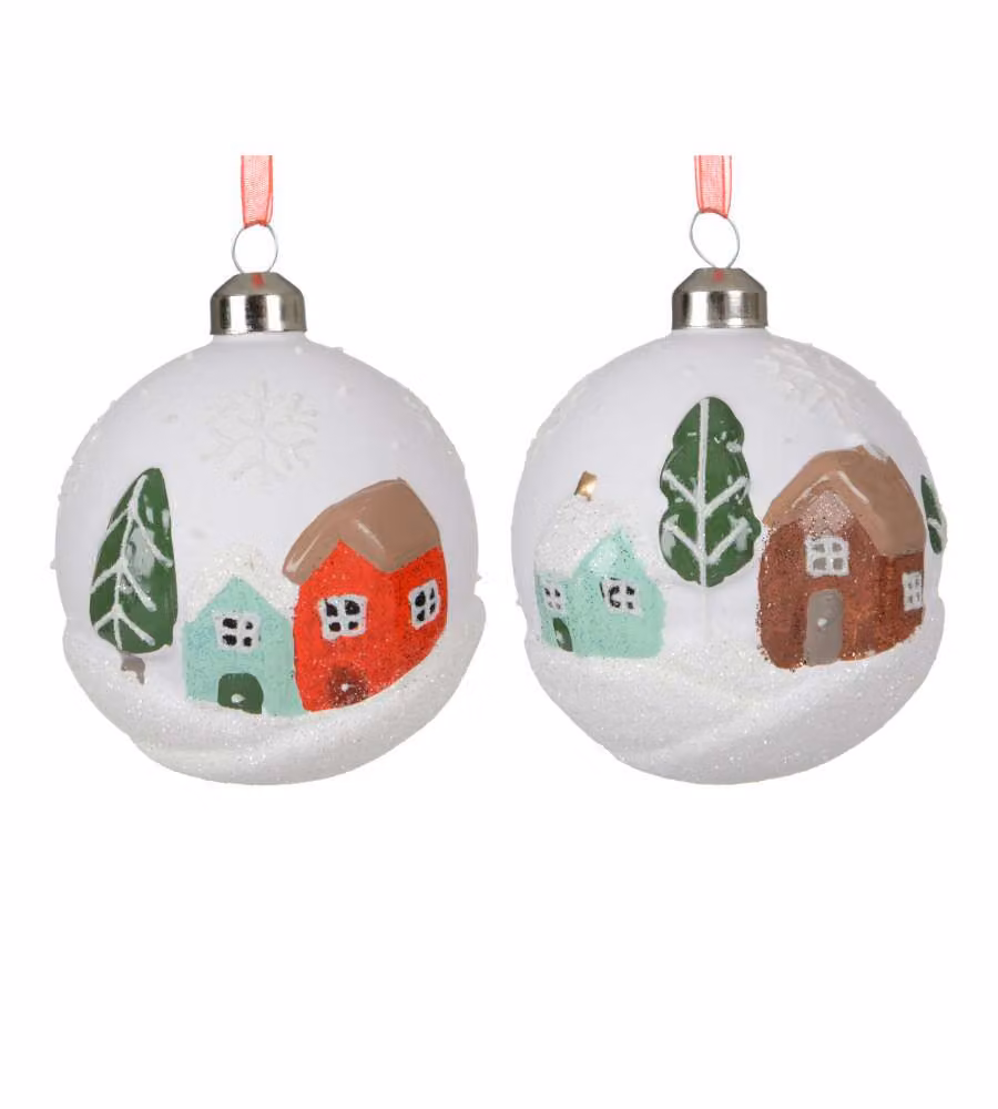 Sfera Natalizia con Decoro Casetta - In Vetro 8 cm Colori Assortiti