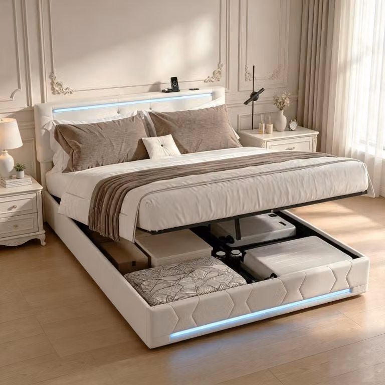 Letto matrimoniale con boxspring INONEFT, 160x200 cm, con imbottitura, luci LED e prese USB, contenitore a sollevamento idraulico con rete a molle e testiera, colore: lino, beige