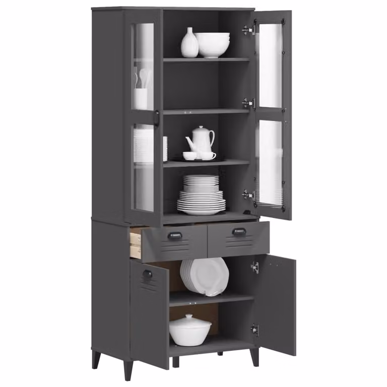 Credenza vidaXL VIKEN in legno di pino e vetro, stile rustico, Grigio Antracite, L 80 cm x P 40 cm x H 190 cm