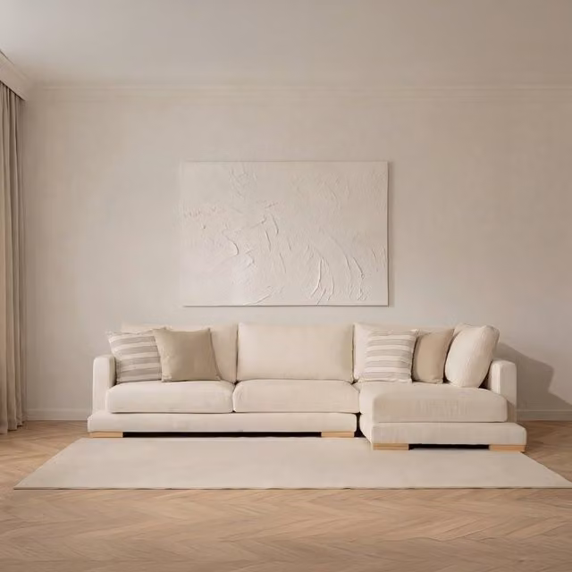 Divano letto angolare Luxor Living a 4 posti, lato destro, beige, design moderno con coperture rimovibili