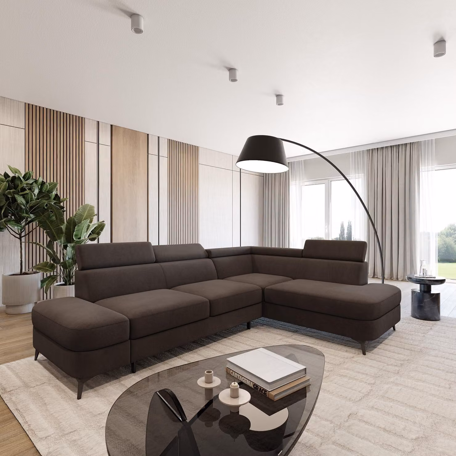 Divano ad angolo Masseno AVISE MV R-S con funzione letto a L, divano con contenitore, divano da salotto, divano, divano letto, set divani - Marrone, MATT VELVET 29