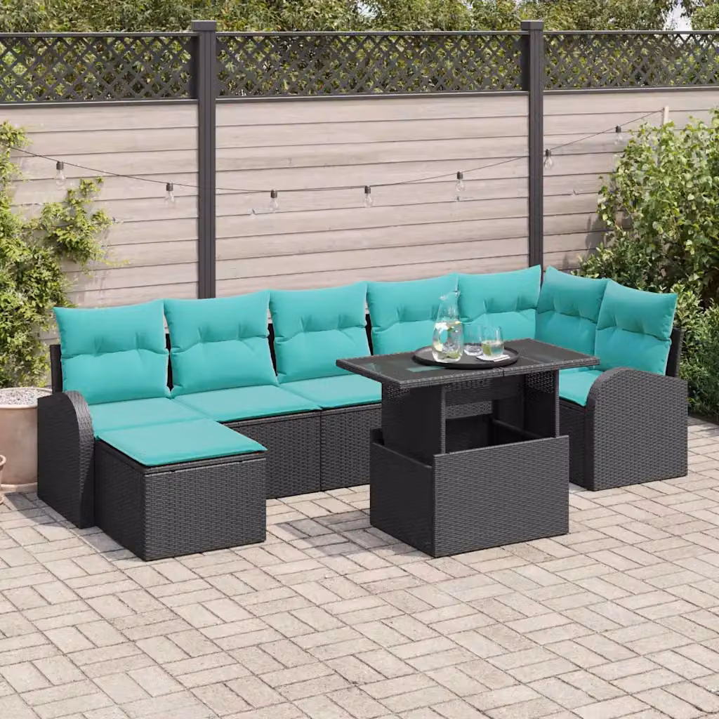 Set Divano da Giardino vidaXL a forma a U composto da 8 pezzi con tavolino, pouf e cuscini, colore nero e turchese con struttura in metallo e rattan resistente ai raggi UV