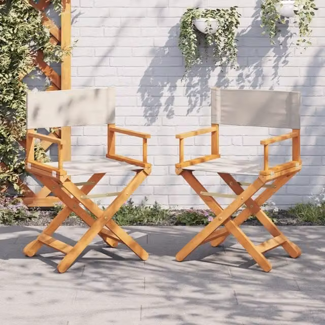Set di 2 sedie da regista pieghevoli vidaXL in legno di acacia oliato e tessuto bianco e beige per giardino e balcone