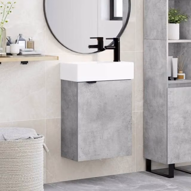 Mobile bagno moderno vidaXL con rubinetto, sospeso, L/P/H: 45,5 x 22,5 x 84 cm, Grigio Cemento