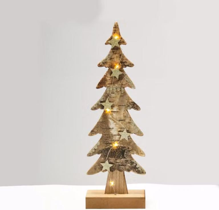 ACA Lighting decorazione in legno albero di Natale marrone grande 5 LED a batteria (2xAA) bianco caldo IP20 13x7x40cm XTREBWW403A