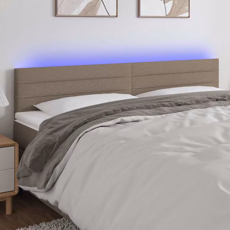 Testiera per letto vidaXL in tessuto tortora con illuminazione LED e porta USB, L 200 cm, P 5 cm, H 78-88 cm