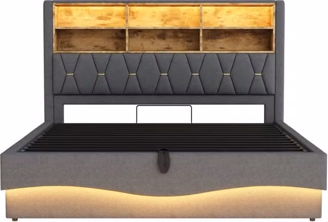 Letto imbottito 180x200 cm con contenitore idraulico, illuminazione LED controllata via app, struttura in metallo e rivestimento in lino grigio