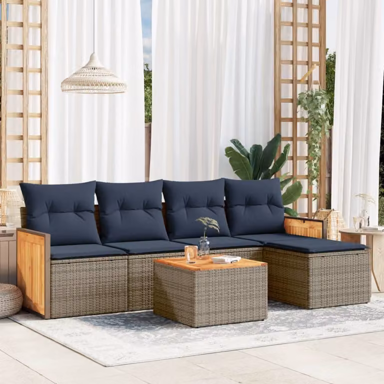 Set da giardino vidaXL in polyrattan grigio composto da 6 pezzi con cuscini inclusi e tavolino da caffè