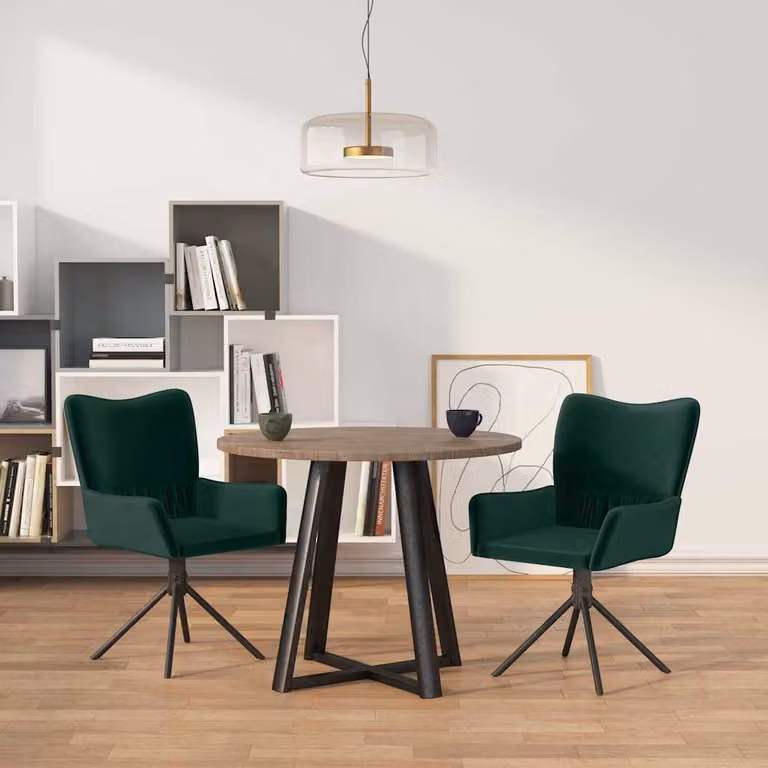 Set di 2 sedie da pranzo girevoli vidaXL in velluto verde scuro con braccioli e base in metallo e legno