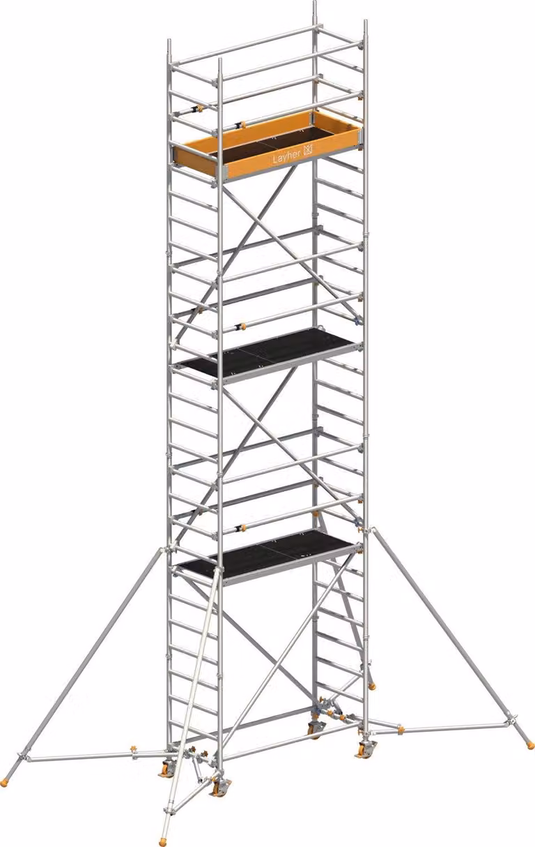 Ponteggio mobile Layher Uni Leicht con struttura di sicurezza P2 e parapetto Uni Telegeländer, nonché montanti estensibili 8,10 m AH