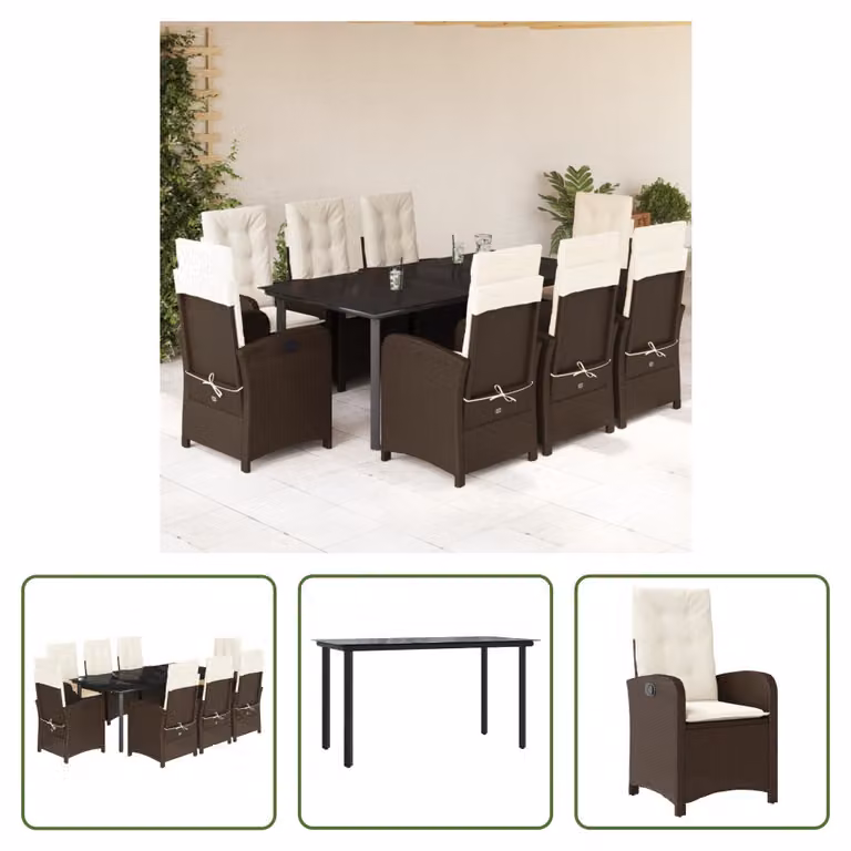 The Living Store Set da pranzo da giardino 9 pezzi con cuscini in polirattan marrone