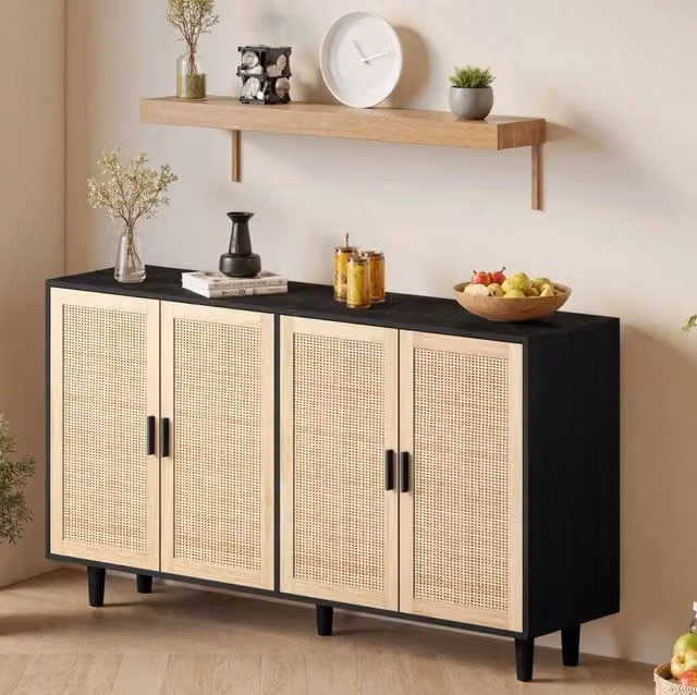 Mobile contenitore moderno con 4 ante in rattan e MDF nero L: 158 cm, P: 40 cm, H: 88 cm – 1