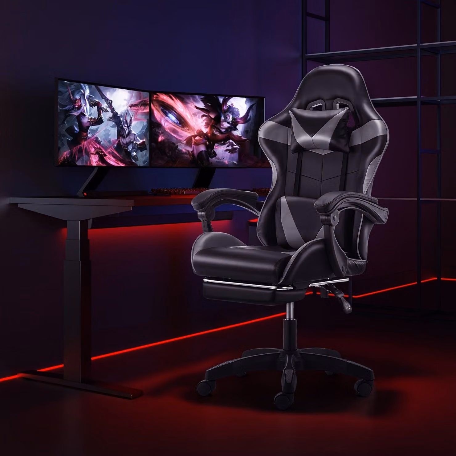 Sedia da gaming nera/grigia, sedia ergonomica da ufficio con schienale reclinabile e sistema di alzata a gas