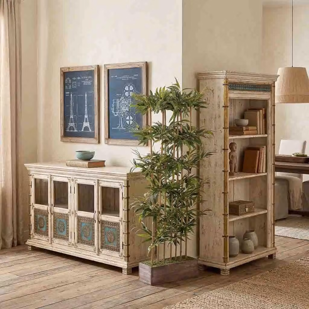 Libreria boho WANDERLUST DECO in legno e metallo con pannello posteriore, L: 100 cm, P: 40 cm, H: 180 cm – 2