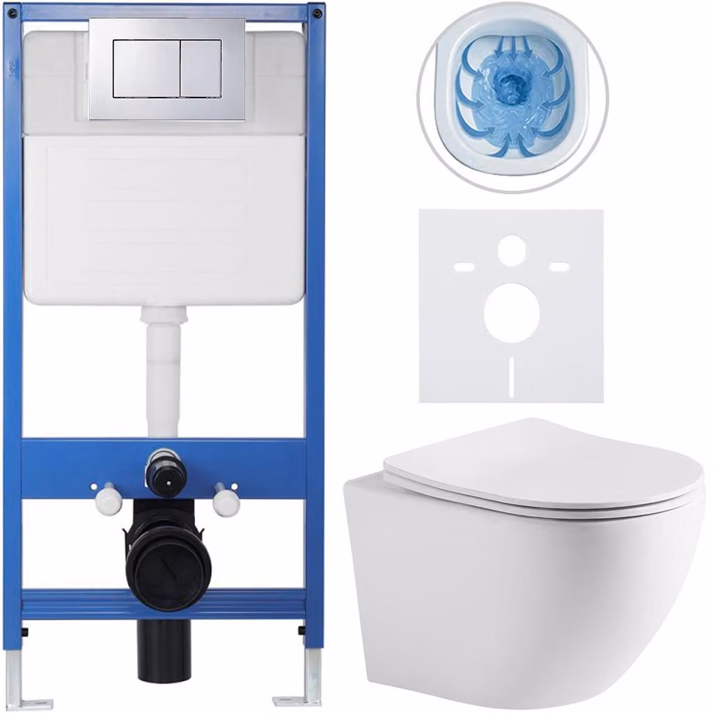 Set completo per WC sospeso Lite/Cesso - bianco opaco - pulsante per WC Classic, cromato - installazione a muro/con pannello in cartongesso - 49x36 cm
