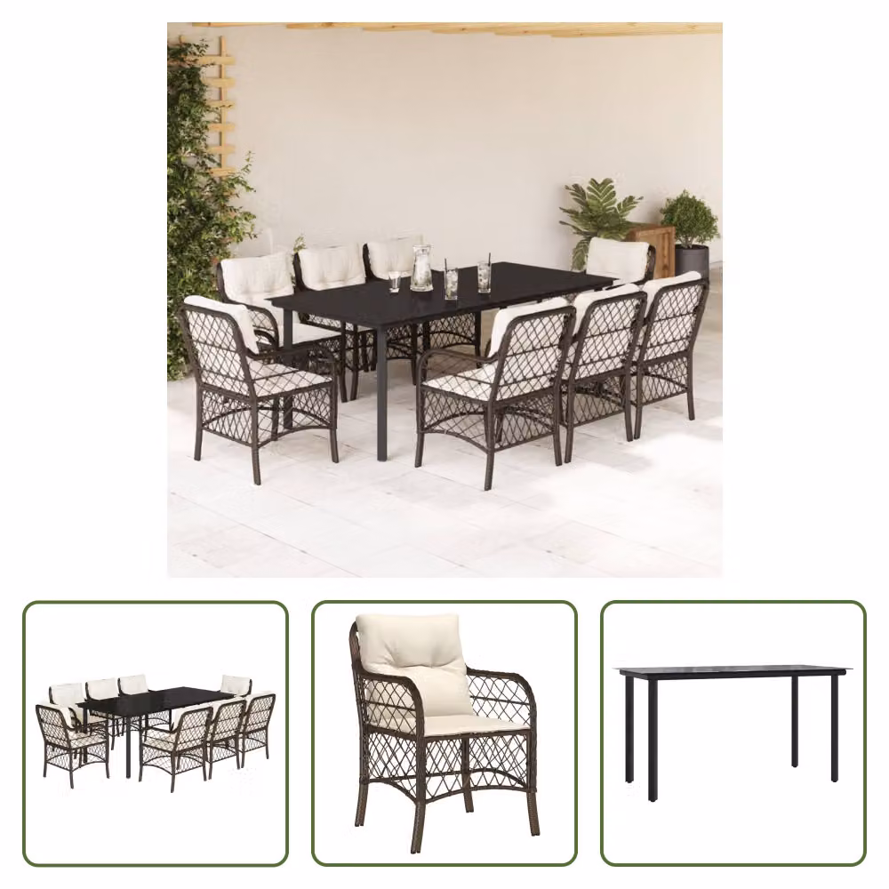 The Living Store Set da pranzo da giardino 9 pezzi con cuscini in polirattan marrone