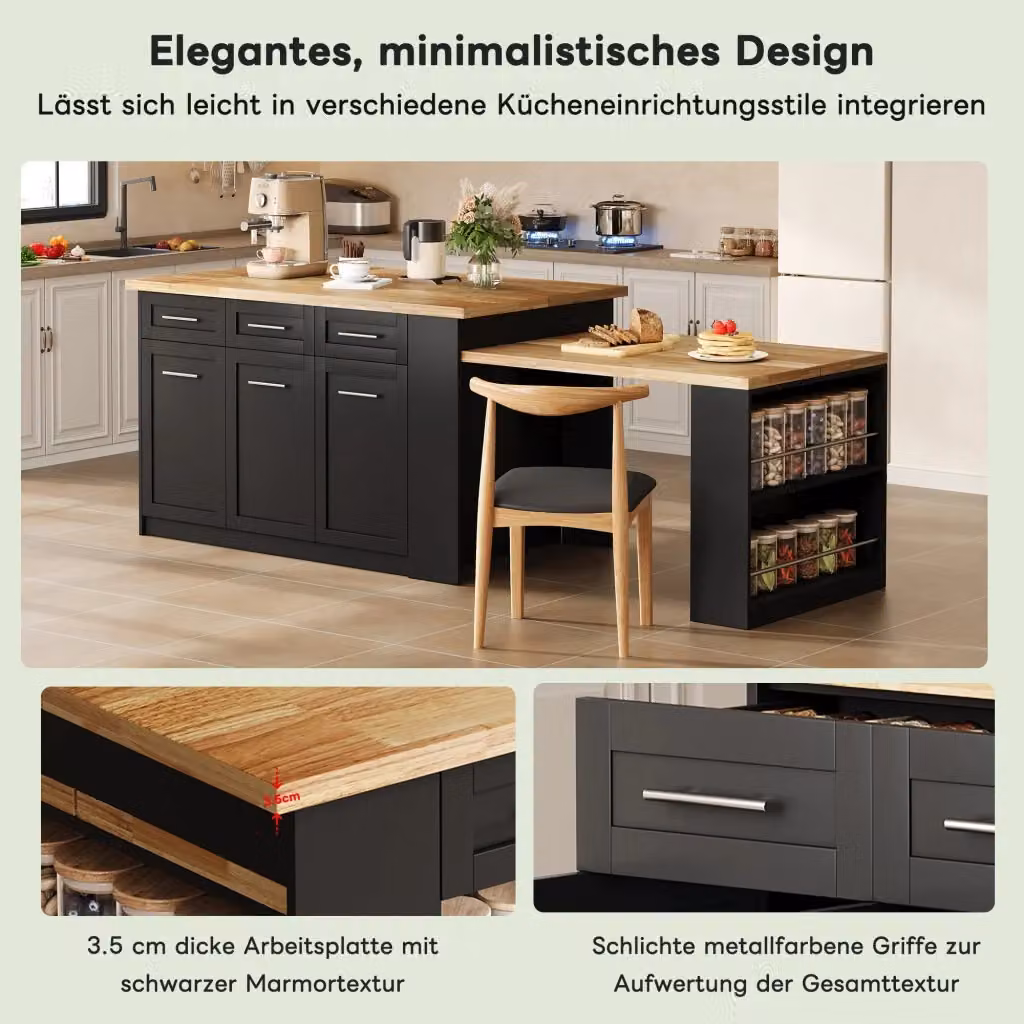 Isola Cucina Multifunzionale REDOM con Tavolo Estratibile, Nero e Naturale, L/P/H: 150 x 90 x 90 cm – 2