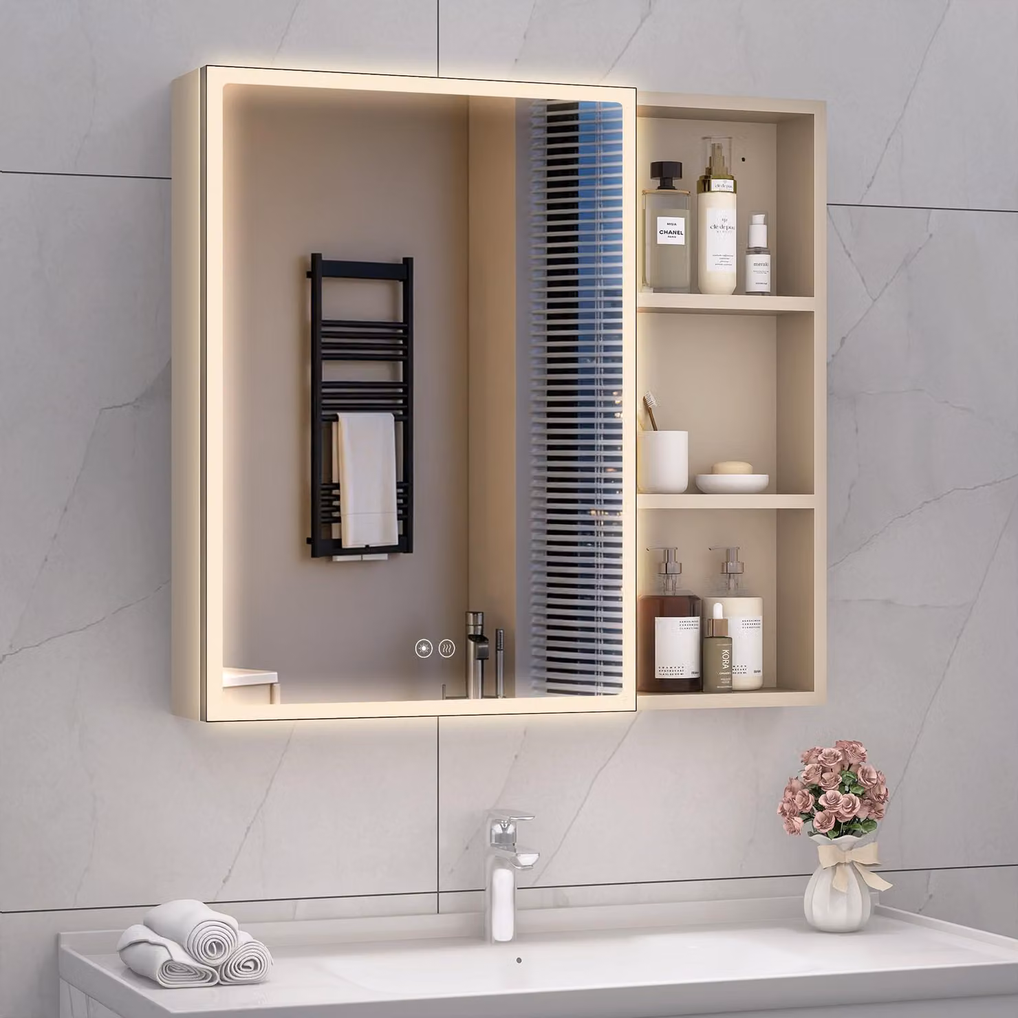Specchio da bagno con illuminazione a LED, dimensioni 75x70 cm, colore beige, con funzione di regolazione dell'intensità luminosa (dimmerabile), memoria e grado di protezione IP44