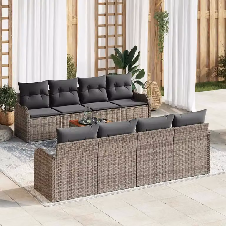 Set Divano da Giardino vidaXL 9 Pezzi in Polyrattan Grigio con Cuscini e Tavolino